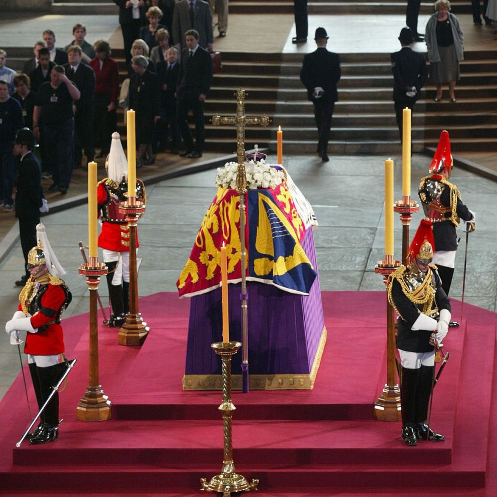 The coffin of the Queen Mother lying in state in Westminster Hall