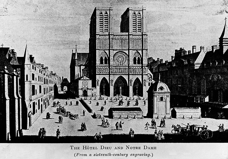A sixteenth century engraving on Notre Dame Cathedral, a place in France linked to Mary, Queen of Scots