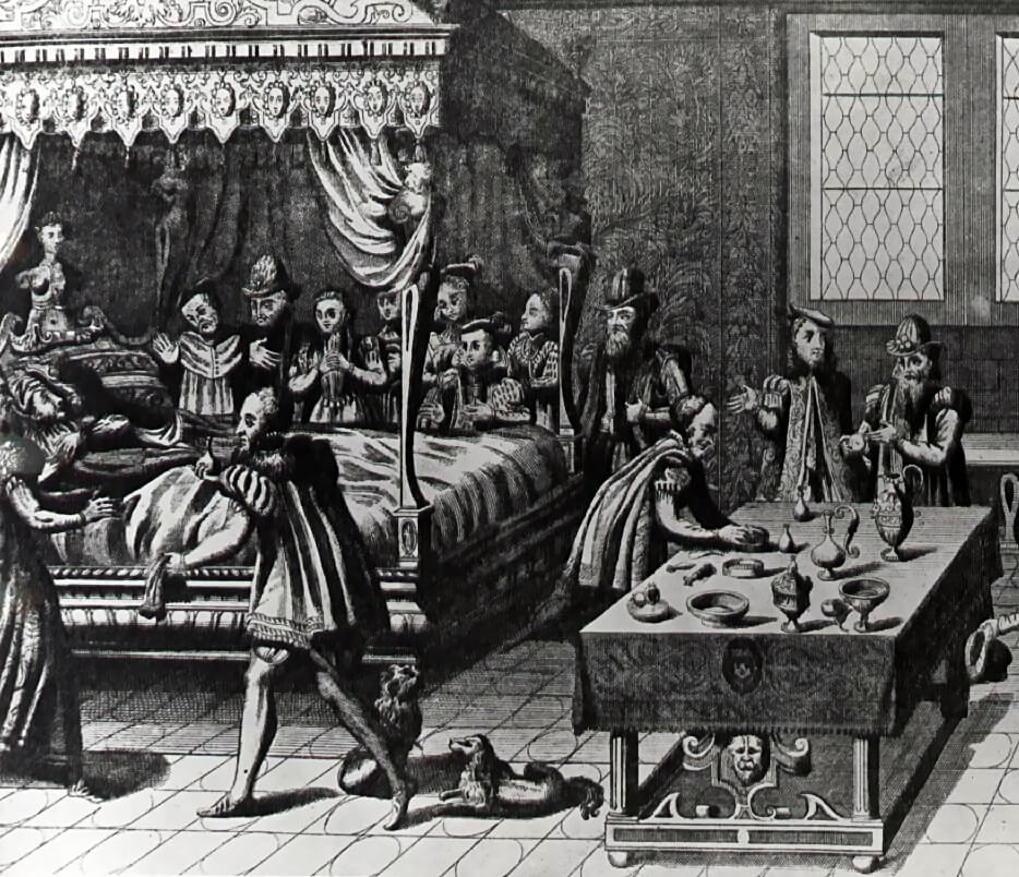 Members of the Royal court gathering around Henry II’s deathbed the Hôtel des Tournelles