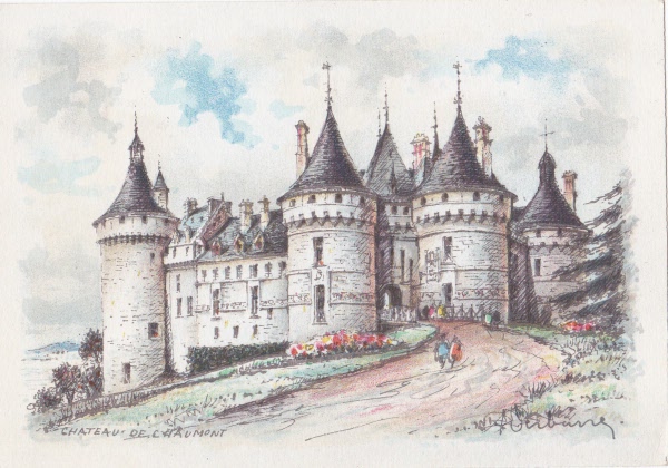 Anne Boleyn locations: Postcard image of the Chateau de Chaumont