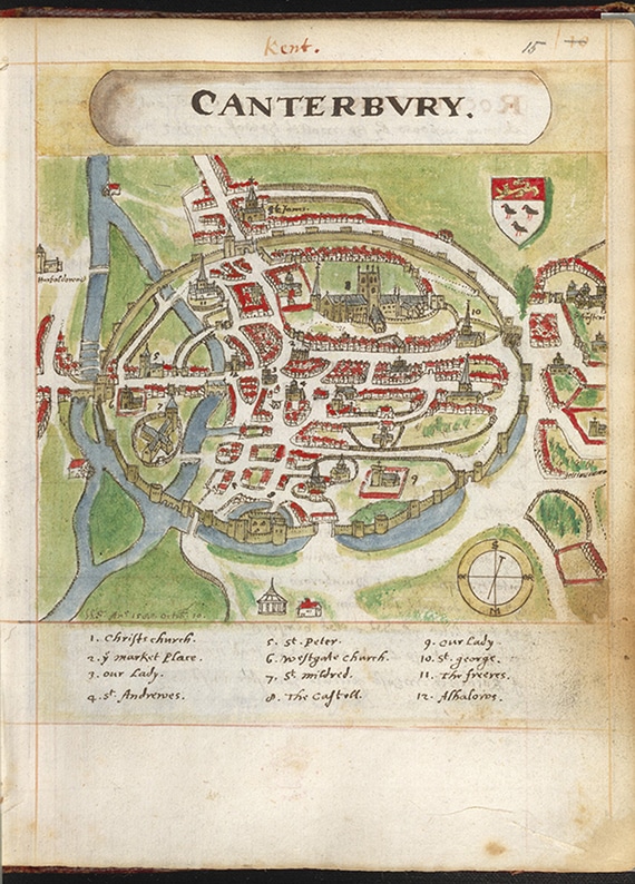 A map of Tudor Canterbury with Canterbury Cathedral, the city walls and gates clearly visible.