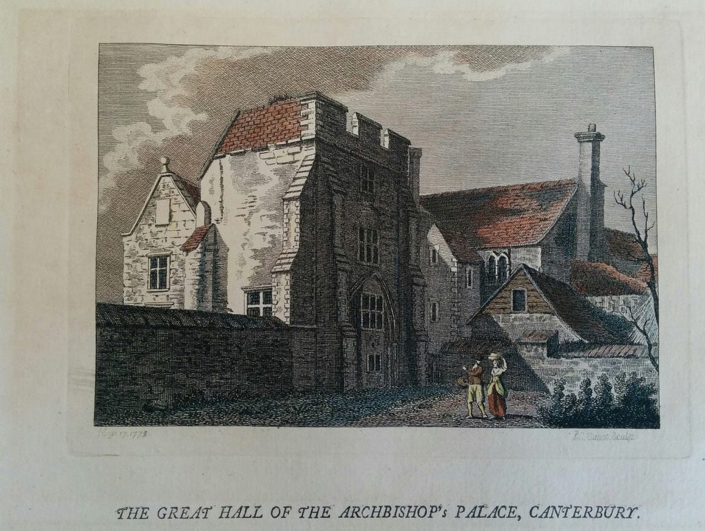An old drawing of the partly ruined The Archbishop's Palace, Canterbury Cathedral.