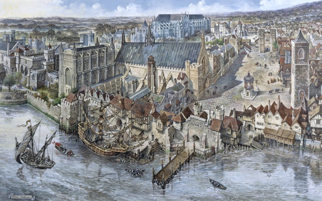 A colour reconstruction of Old Westminster and Westminster palace yard.