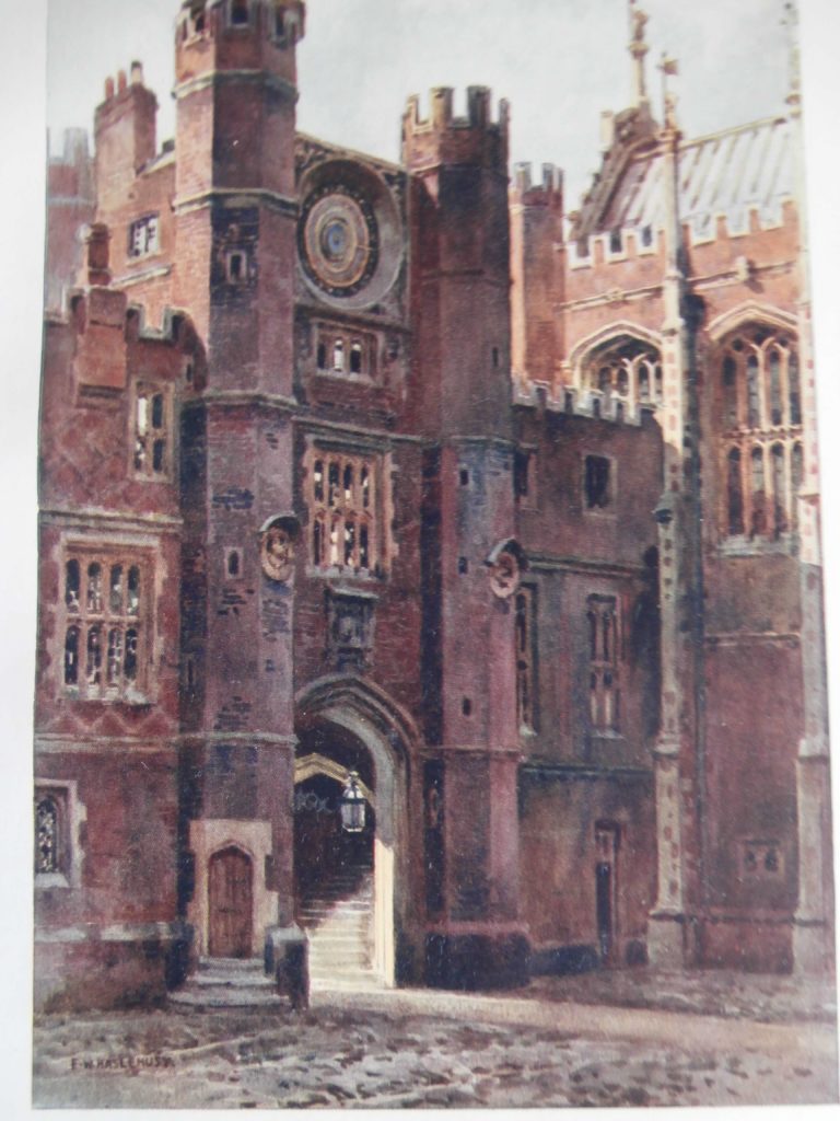 An old watercolour of Anne Boleyn's Gateway at Hampton Court Palace