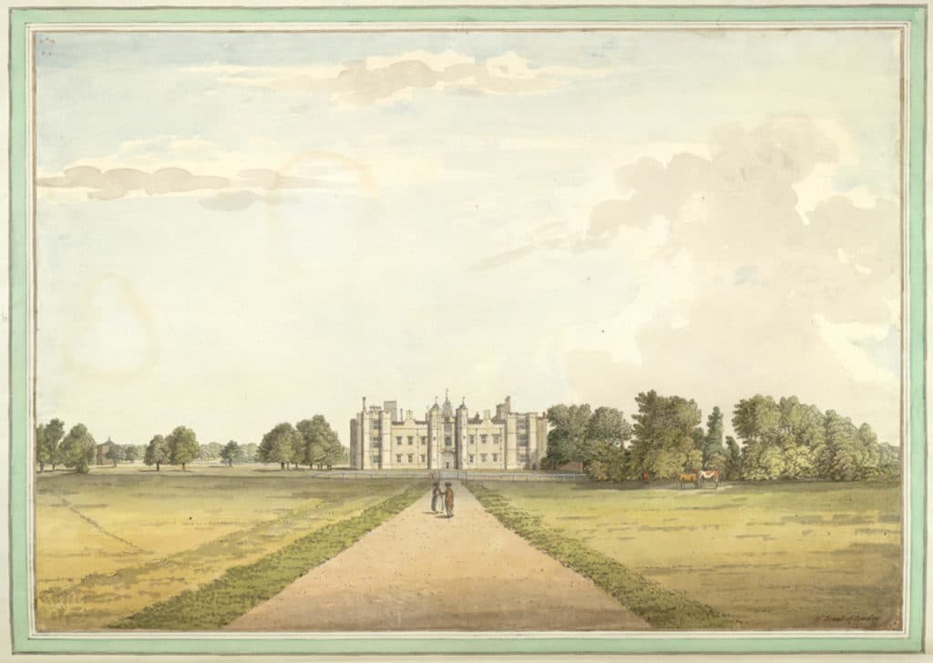 View of the west front of Cowdray in West Sussex. Cowdray House and Park by Samuel Hieronymus Grimm 1782. Image courtesy and by permission of Cowdray Estate.
