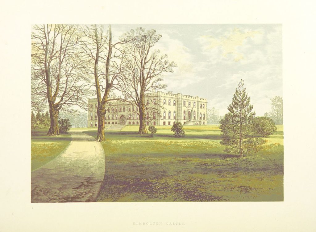 A watercolour image of a grand house: Kimbolton Castle