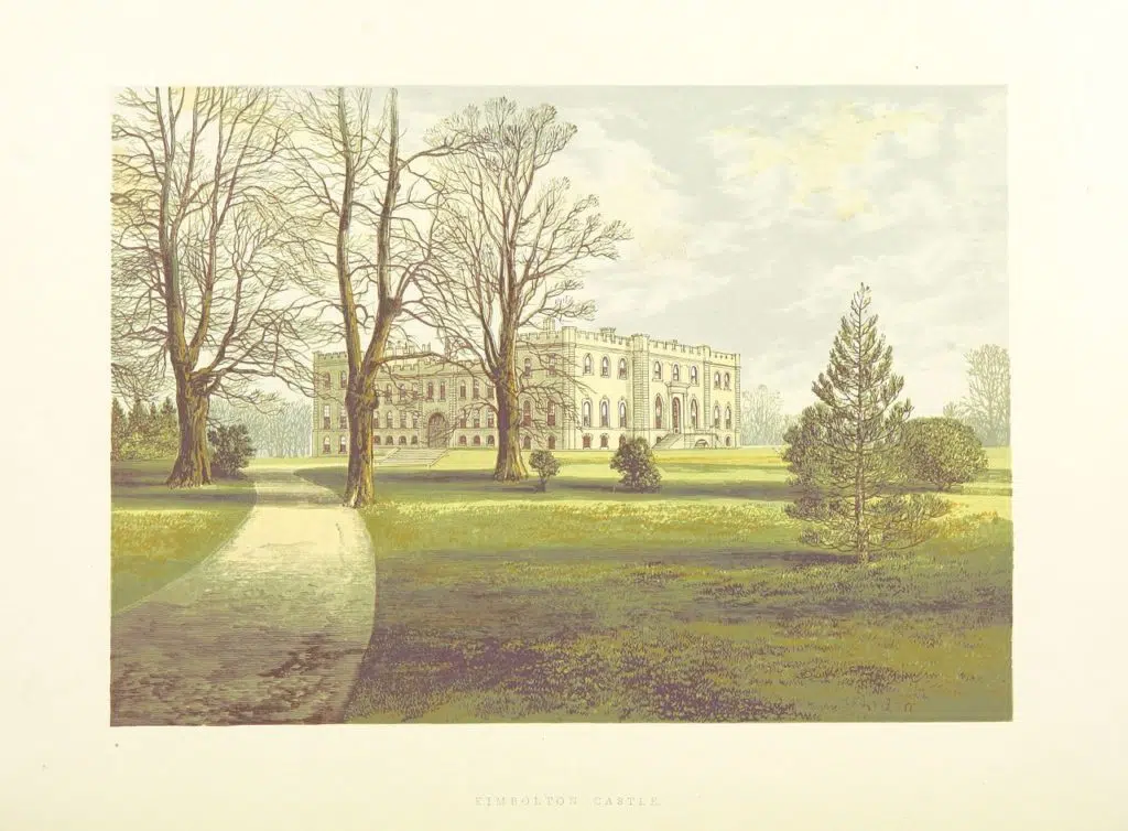 A watercolour image of a grand house: Kimbolton Castle