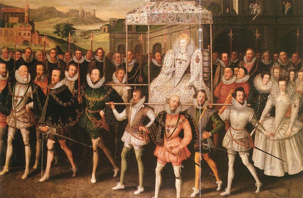 Elizabeth I is carried in a litter by her courtiers