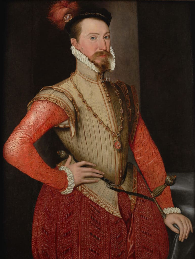Tudor art - Robert Dudley by English School, 1562. Oil on panel, on display in the Love's Labour's Found Exhibition at the Philip Mould & Co Gallery.