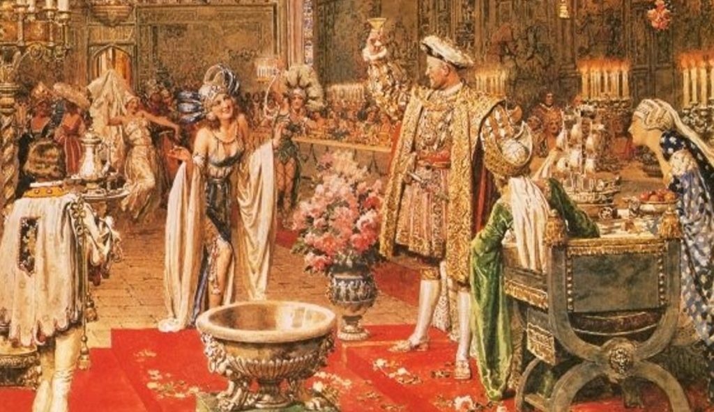 A recreation of a Tudor feast with Henry VIII toasting a female participant of a masque.