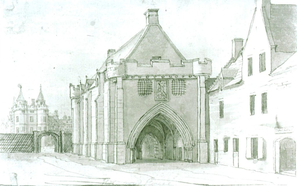 A black and white drawing of the gatehouse at Holyroodhouse with the James V tower in thebackground.