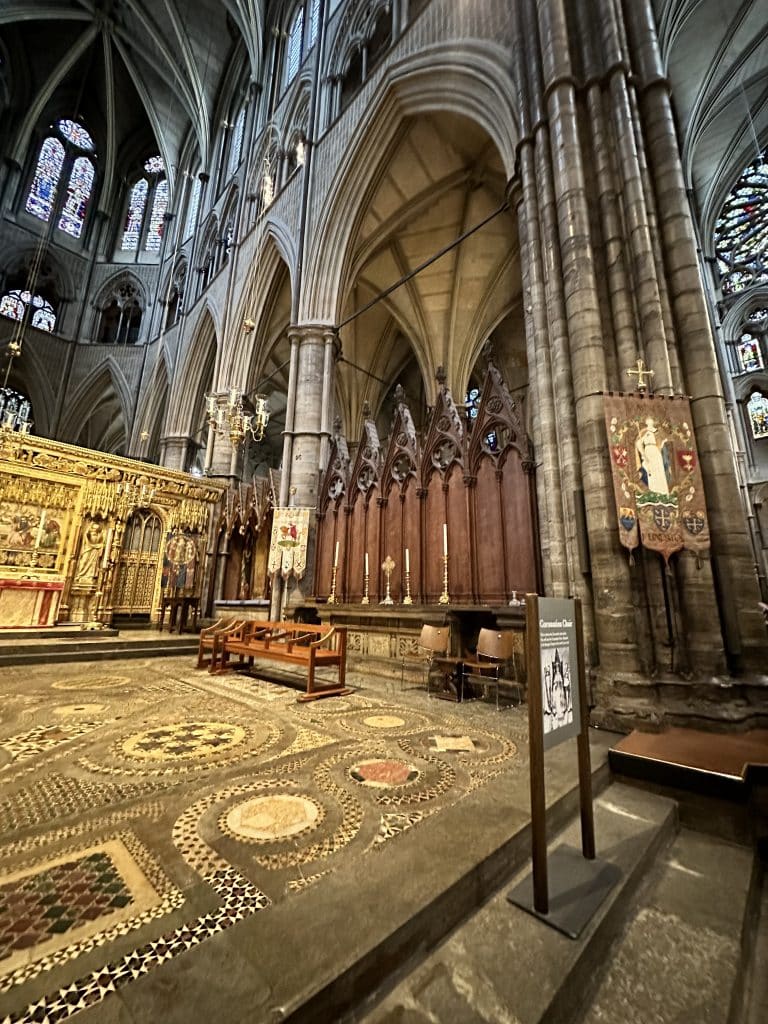 Images of the high altar and the Cosmati pavement in front of it inside Westminster Abbey