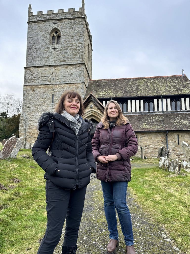 Sarah and Elizabeth outside the church and views of the church from afar