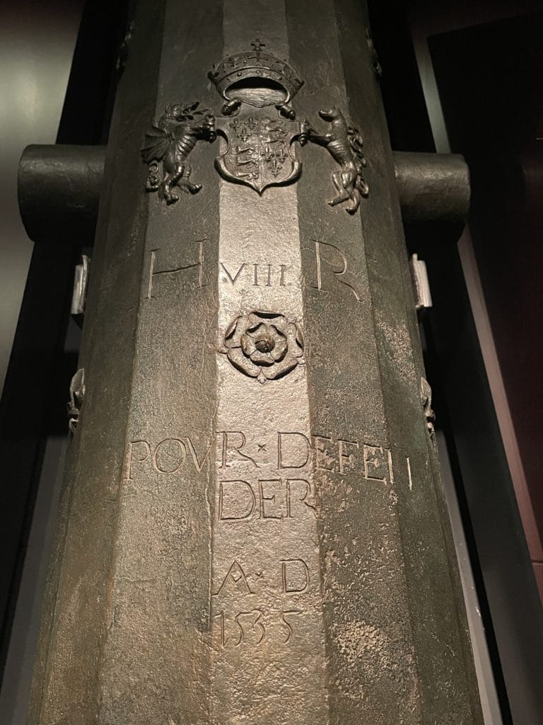 Bronze twelve-sided cannon, with coat of arms, Tudor Rose, initials and date engraved. 