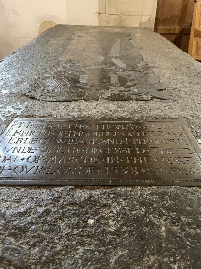 The brass that lies on top of the tomb lid of Thomas Boleyn, although with an inscription which speaks of his date of death on 12 March 1539.