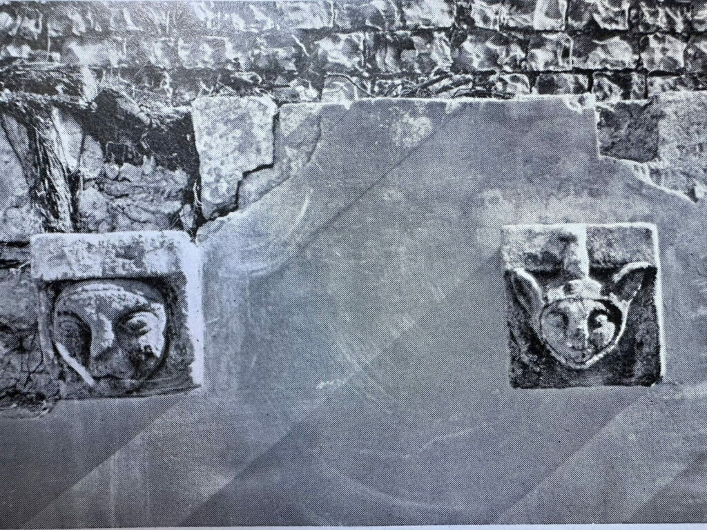 Various architectural features of Swanborough Manor, including the arched oak roof of the upper hall, the stone arch of the inner gatehouse, carved stone grotesques and the full east range of the manor with its later Georgian windows.