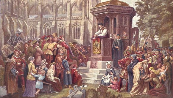 A protestant preacher preaching to a crown from the pulpit