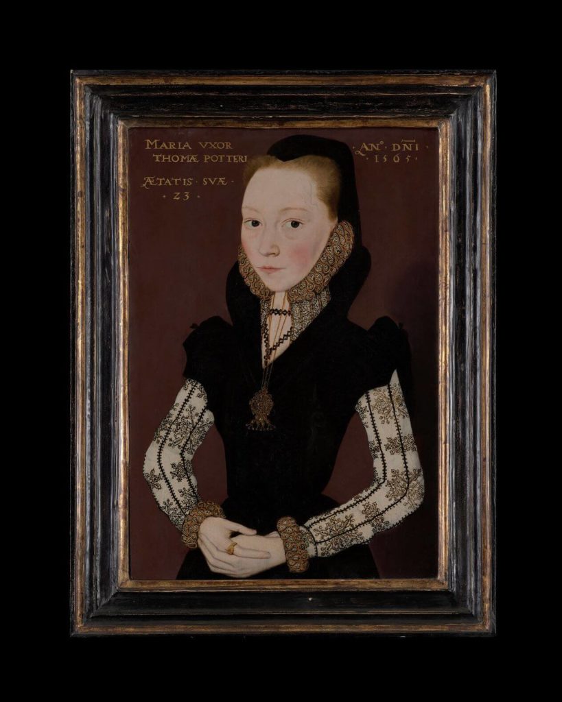 Tudor art- Mary Potter, by MASTER OF THE COUNTESS OF WARWICK,1565, Oil on panel, on display in the Love's Labour's Found Exhibition at the Philip Mould & Co Gallery.