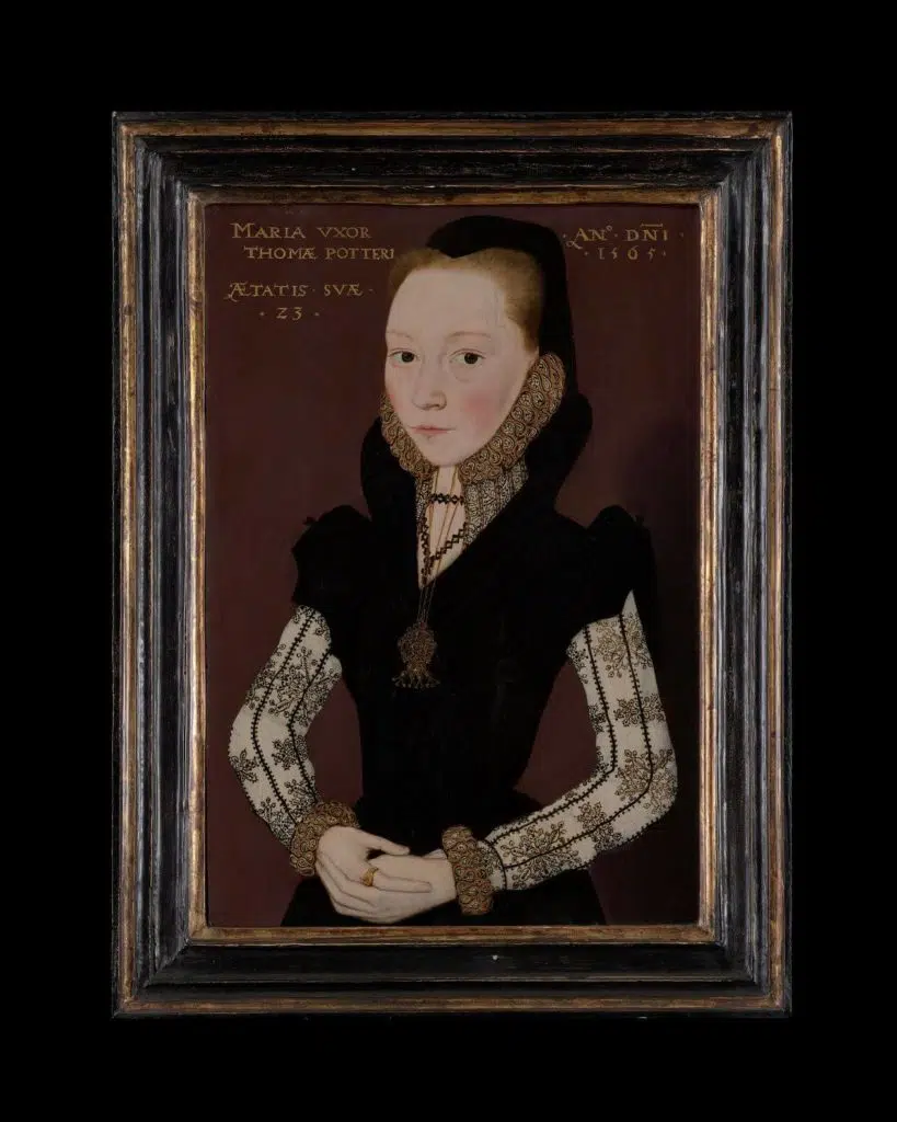Tudor art- Mary Potter, by MASTER OF THE COUNTESS OF WARWICK,1565, Oil on panel, on display in the Love's Labour's Found Exhibition at the Philip Mould & Co Gallery. 