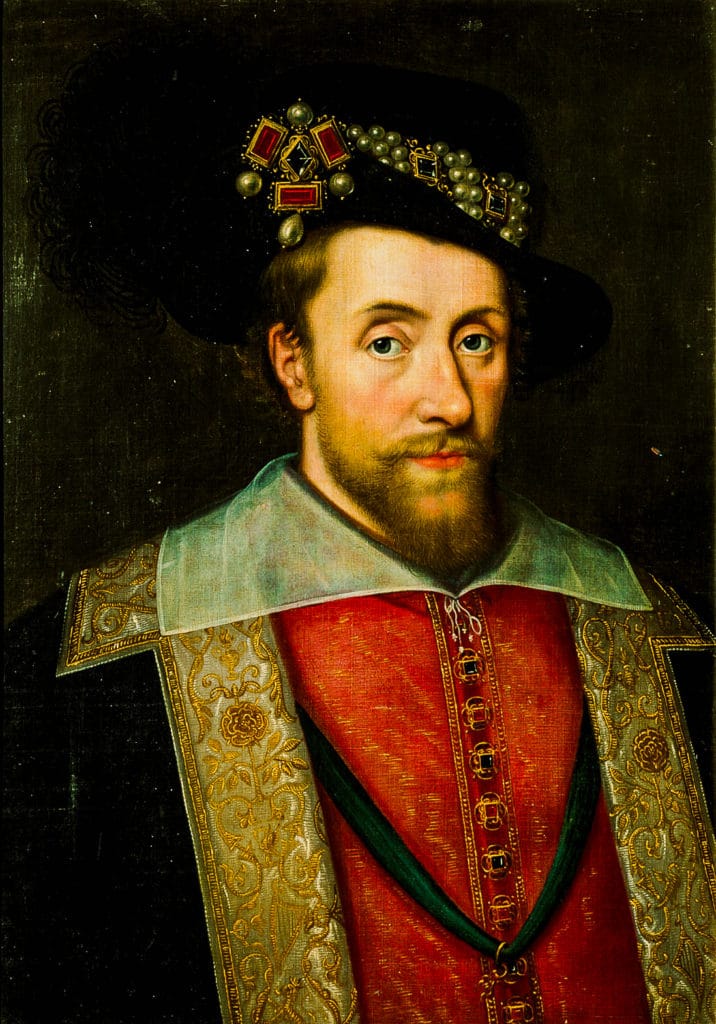 A portrait of Jame I of England, wearing The Three Brothers Jewel in his hat.