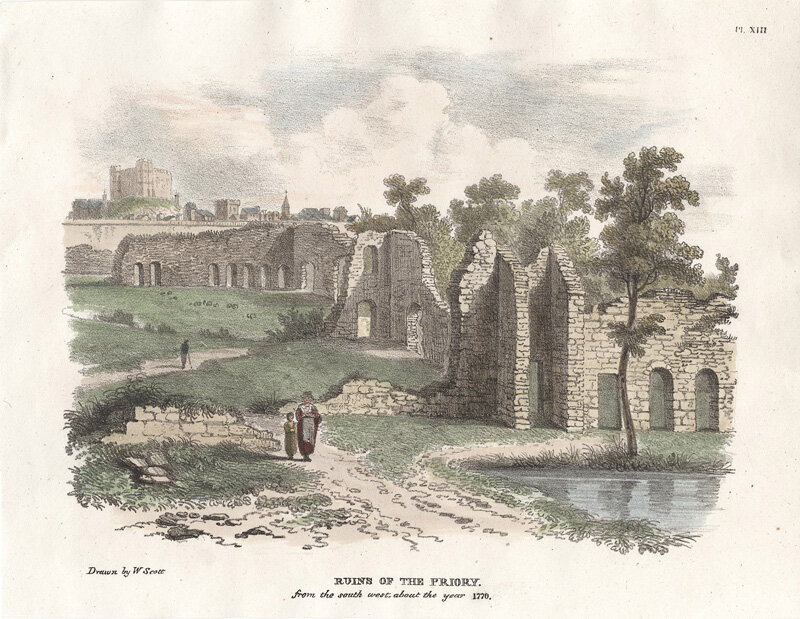 Colour sketch of ruined abbey buildings, the remains of Lewes Priory in the eighteenth century