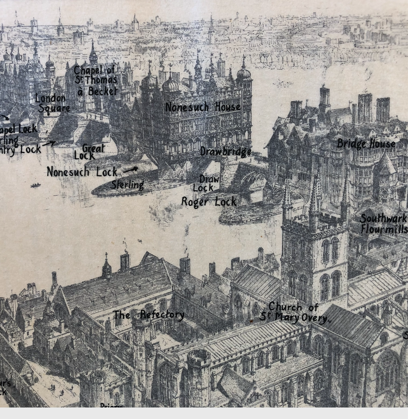 Annotated drawing of old London Bridge