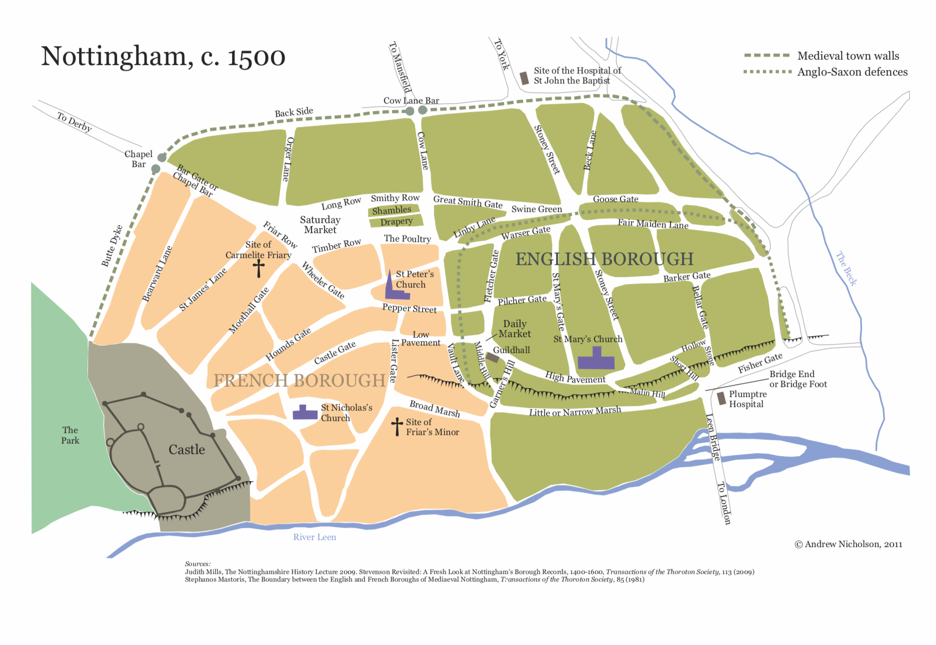 Plan of Nottingham town and castle circa 1500