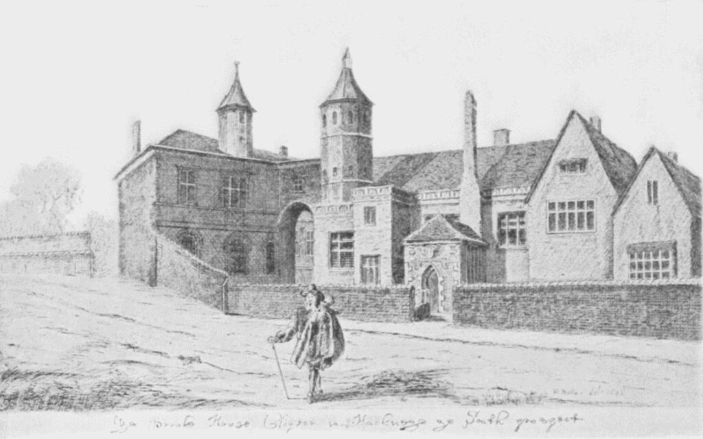 Early black and white drawing of King's Place / Brooke House from the main road with the image of a well dressed gentleman in the foreground.