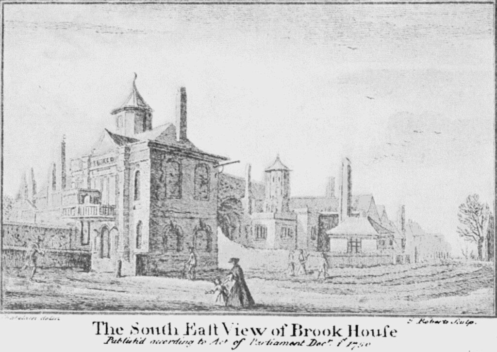 Black and white drawing of the south east view of King's Place / Brooke House