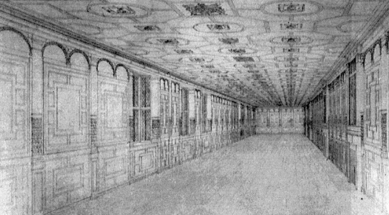 A black and white drawing of the highly decorative long gallery in King's Place / Brooke House before its destruction in WWII