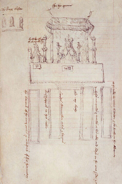 Sketch of Anne Boleyn sitting under a canopy of estate for her coronation banquet in Westminster Hall.