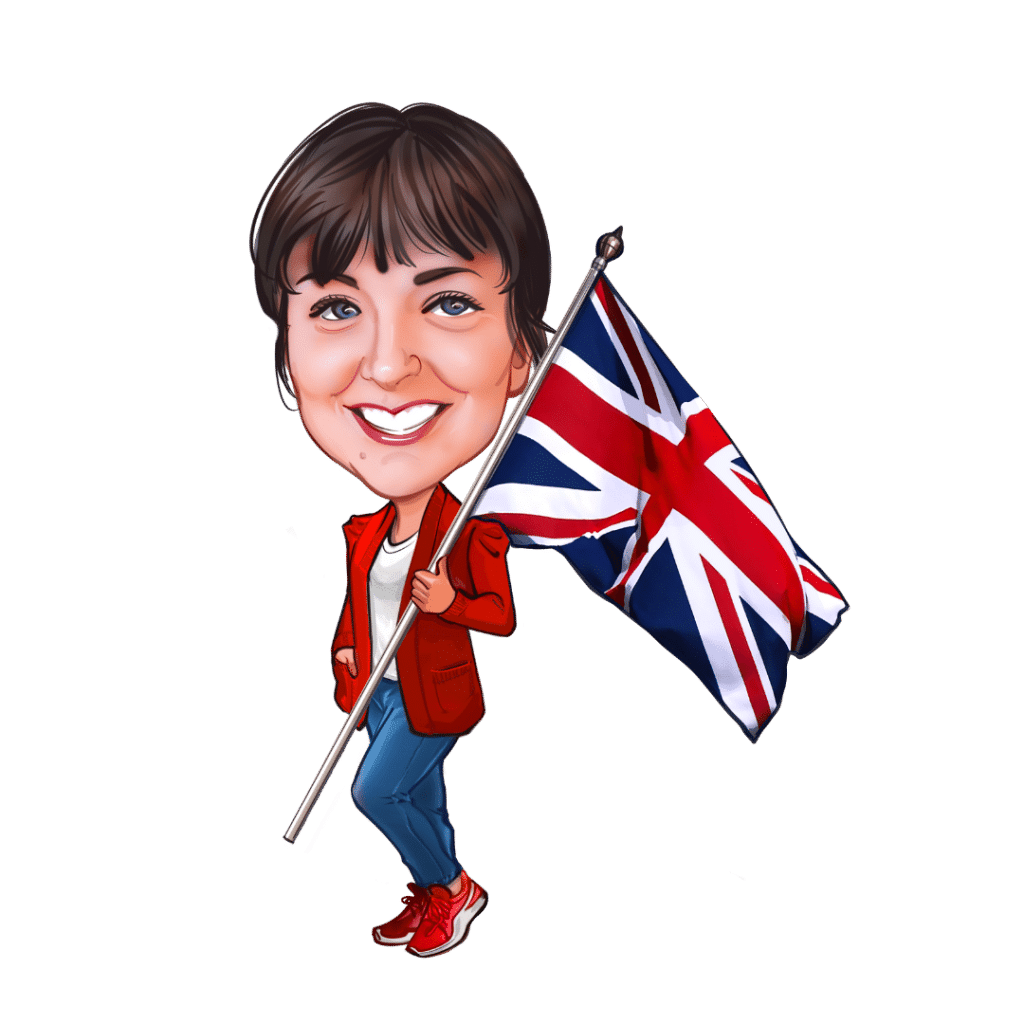 A caricature of the Tudor Travel Guide carrying a Union Jack flag over her shoulder.