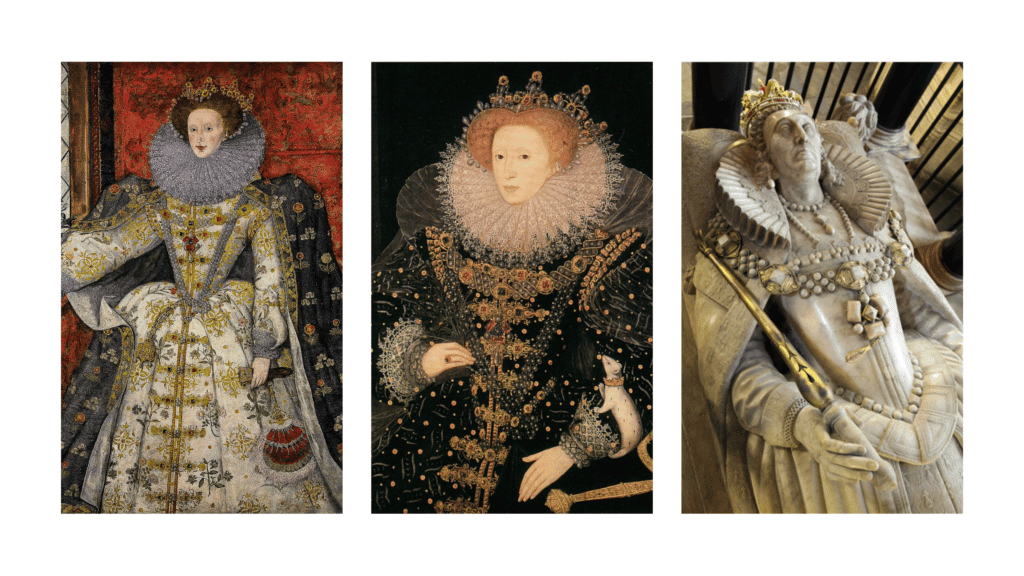 A trio of pictures showing Elizabeth I adorned with The Three Brothers Jewel.