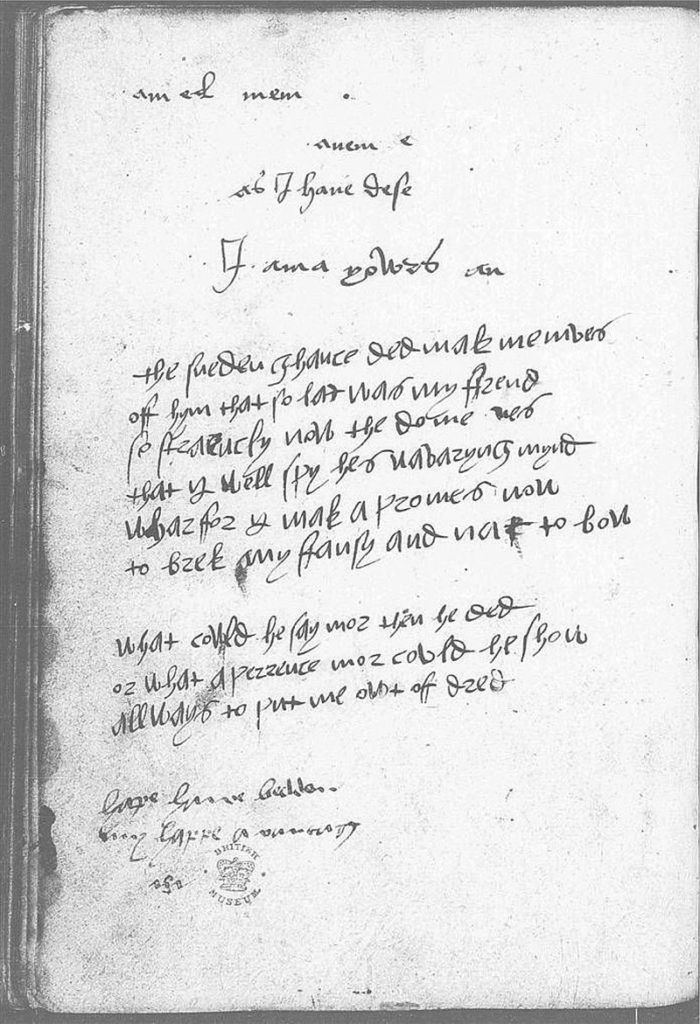 A copied page of handwriting from the Devonshire Manuscript; a text owned by Mary Howard