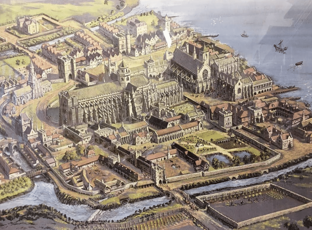 Westminster and Westminster Abbey - a reconstruction showing the tributaries of the river tT, creating Thorney island, upon which Westminster Abbey was built