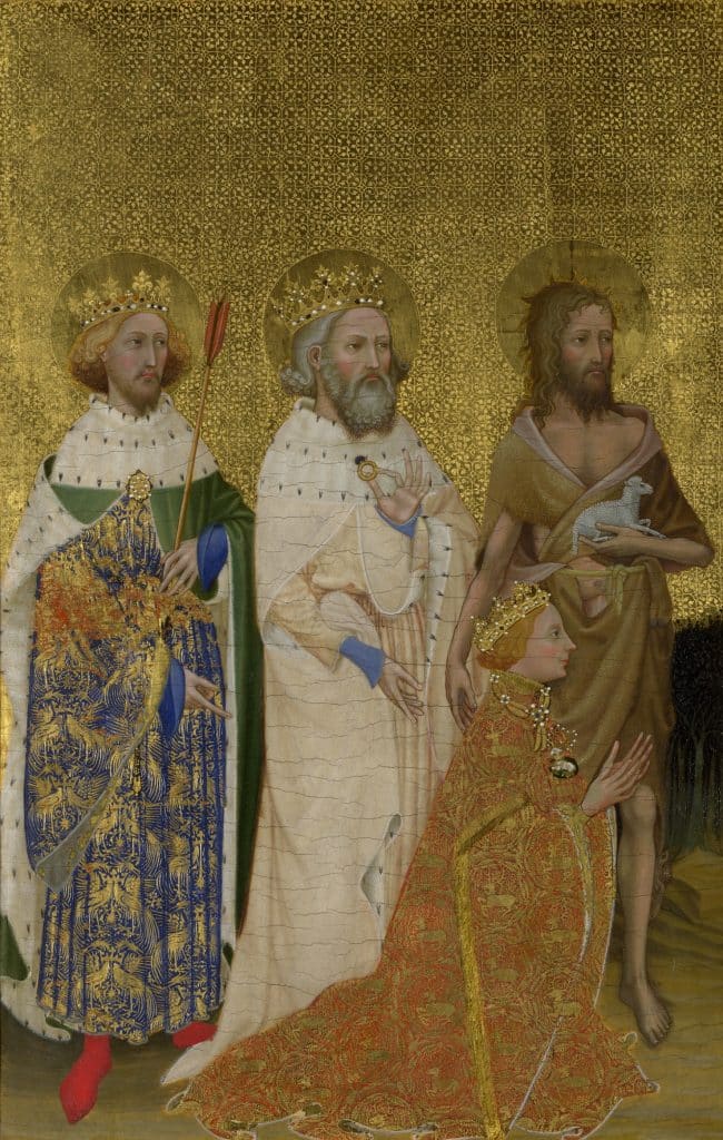 The Wilton Dyptich showing an image of Edward the Confessor standing and King Richard II kneeling.