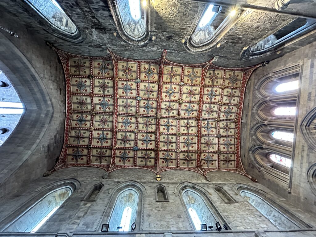 Painted ceiling above the choir in St David's Cathedral.