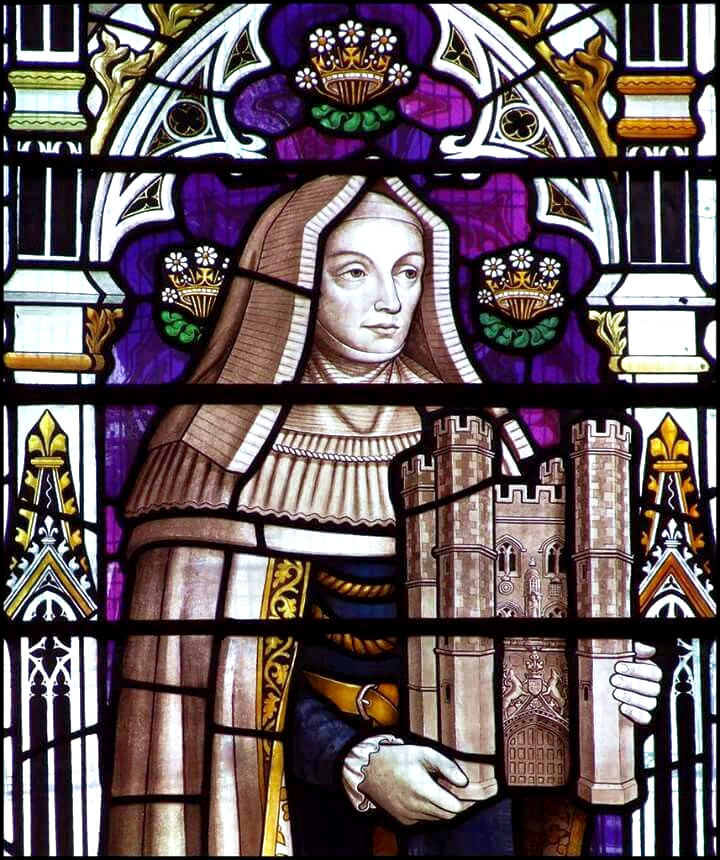 Stained glass window showing an image of Margaret Beaufort, symbolically holding the gatehouse of Christ's College, Cambridge, which she founded.