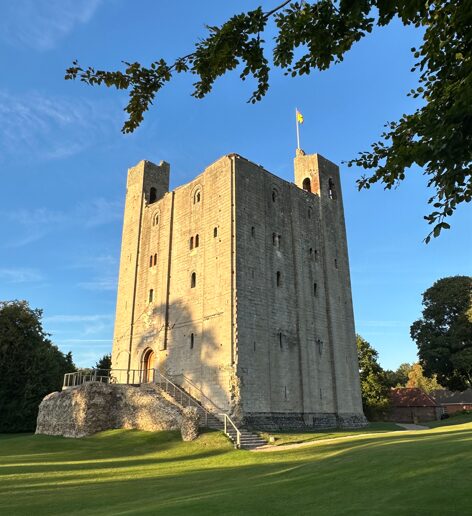 Hedingham Castle was built on a Norman military design, with massive stone walls approximately 12 feet thick at the base.