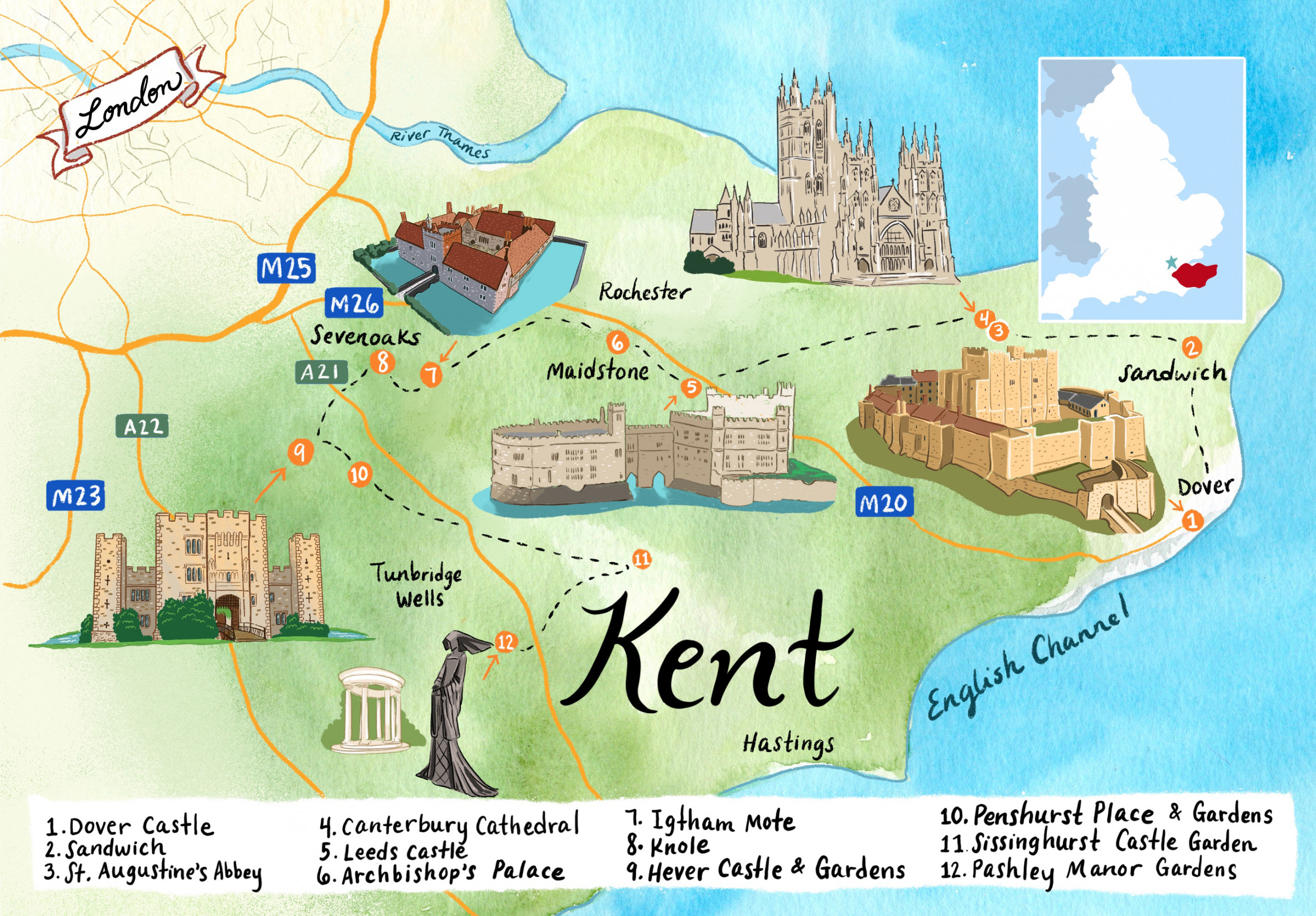 Map of Kent, England for a Tudor Weekend Itinerary