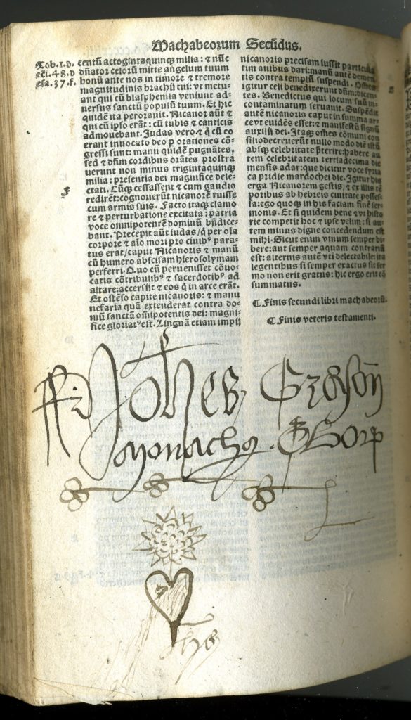 Monastic books, inscription of John Grayson, in a bible from St Mary's Abbey, York. 