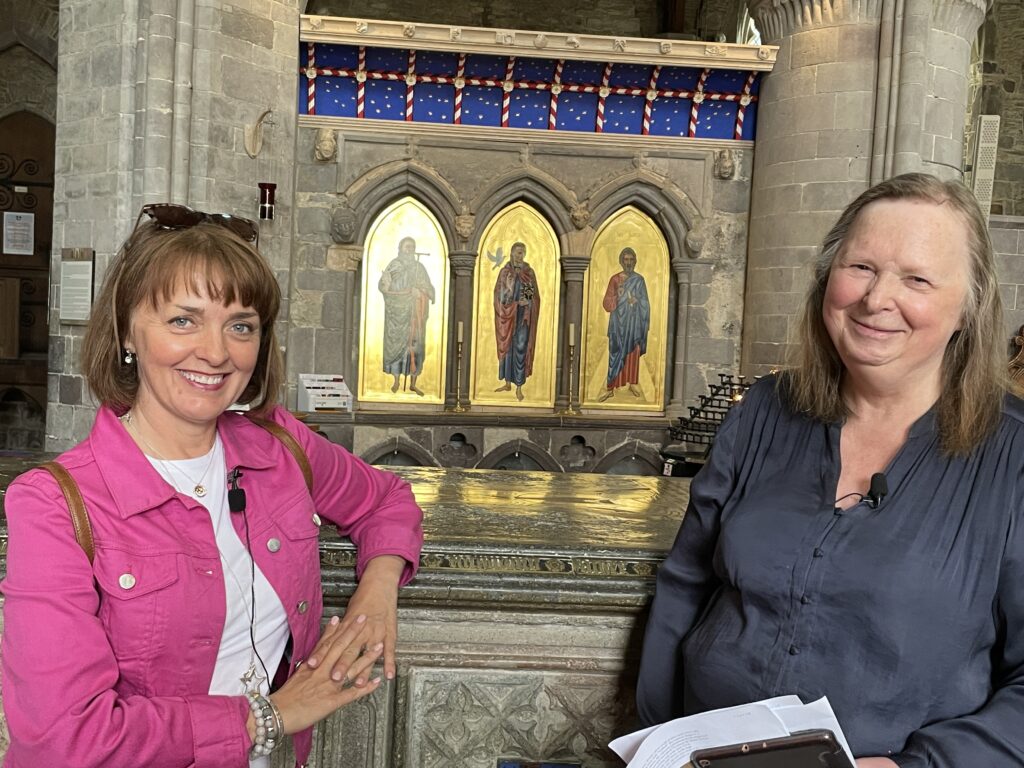 Sarah and Mari at the shrine of St David in St David's Cathedral in Wales.