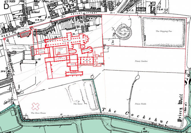 A plan of the original Lewes Priory superimposed on a modern street plan of Lewes