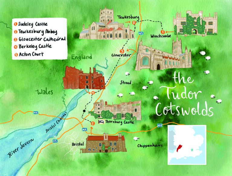 A map showing some Tudor places in the Cotswolds.